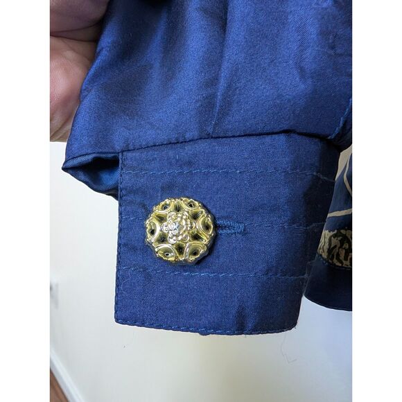Vintage 80s Silk Windbreaker Jacket Abstract Print Blue Gold Lightweight M Retro - Picture 7 of 8